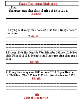 Một số bài tập Tìm trung bình cộng Toán lớp 4